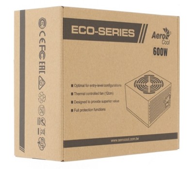 Блок питания 600 Вт AeroCool ECO-600W ATX 2.3, 600W, 120mm fan Box 4595