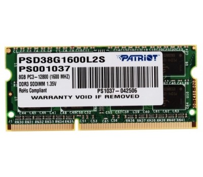 Модуль памяти для ноутбука DDR3 PATRIOT 8Gb PSD38G1600L2S PC3-12800 1600Mhz 5480