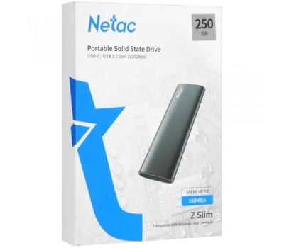 Внешний накопитель Type-C NETAC 250Gb Z SLIM (USB3.2, up to 520/480MBs, 100х29.5х9mm, Black) <NT01ZSLIM-250G-32BK> 5548