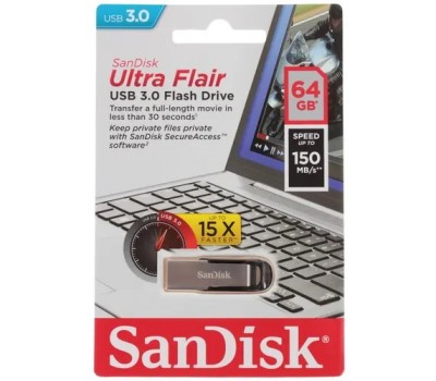 Флеш Диск USB 3.0 SANDISK 64Gb Cruzer Ultra Flair SDCZ73-064G-G46 USB3.0 серебристый/черный 7448
